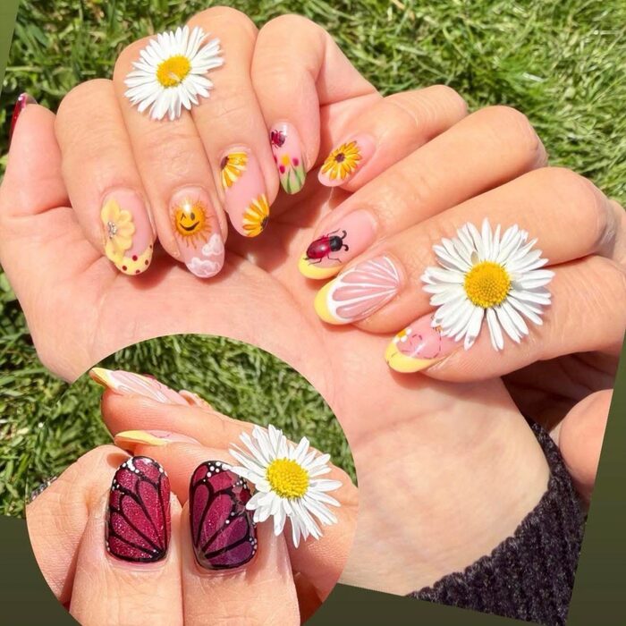Spring nails with daisies and butterflies
